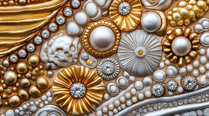Obraz premium Ornate, textured, decorative, pearl, and diamond design. Background Gold, silver, and pearl patterns. Possible use Jewelry, fashion design, or product display