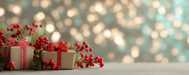 Christmas background with gifts and bokeh lights, festive decoration for Christmas, Minimal scene for mockup products, promotion display, 3D rendering product display platform.