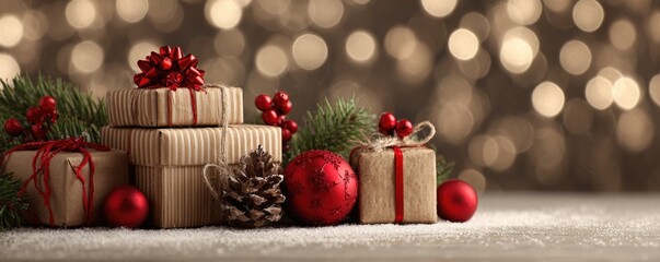 Christmas background with gifts and bokeh lights, festive decoration for Christmas, Minimal scene for mockup products, promotion display, 3D rendering product display platform.