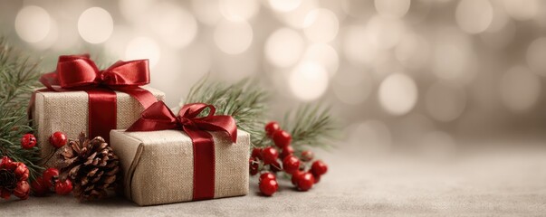 Christmas background with gifts and bokeh lights, festive decoration for Christmas, Minimal scene for mockup products, promotion display, 3D rendering product display platform.