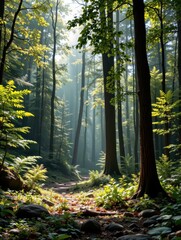 Obraz premium Sunlight Streaming Through a Lush Green Forest, Serene Woodland Landscape