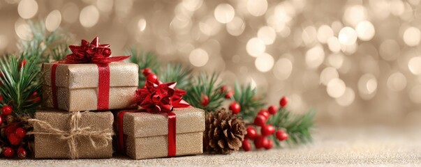 Christmas background with gifts and bokeh lights, festive decoration for Christmas, Minimal scene for mockup products, promotion display, 3D rendering product display platform.