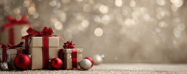 Christmas background with gifts and bokeh lights, festive decoration for Christmas, Minimal scene for mockup products, promotion display, 3D rendering product display platform.