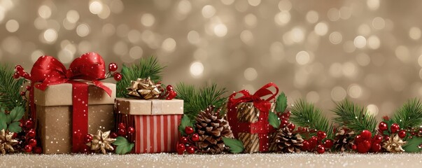 Christmas background with gifts and bokeh lights, festive decoration for Christmas, Minimal scene for mockup products, promotion display, 3D rendering product display platform.