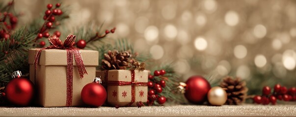 Christmas background with gifts and bokeh lights, festive decoration for Christmas, Minimal scene for mockup products, promotion display, 3D rendering product display platform.