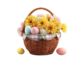 Woven basket overflowing with yellow pink flowers and pastel easter eggs image, Isolated On Png Transparent Background