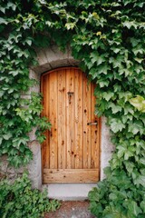 Old wooden door covered by climbing plant growing on stone wall