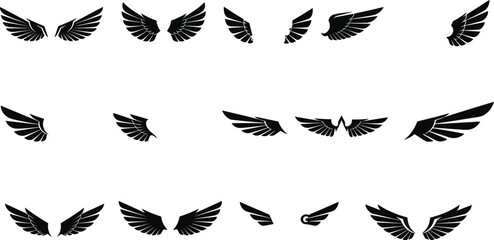 Black wing silhouettes vector set, bird feather designs, isolated flying wings, angel wings icons, tattoo style, nature freedom symbols.