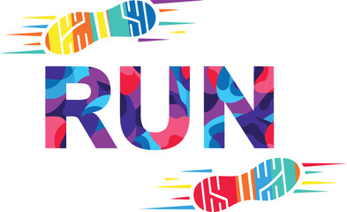 Vibrant run concept showcasing colorful footprints and lettering for fitness motivation and sports campaigns