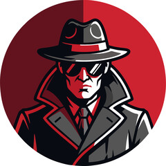Two-Tone Noir Detective Mascot in Fedora and Trench Coat on Red Circle – Secret Agent Vector Illustration