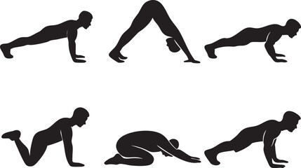 Yoga and Fitness Pose Silhouette Sequence Vector in Black Featuring Six Positions for Wellness, Training, and Instructional Use