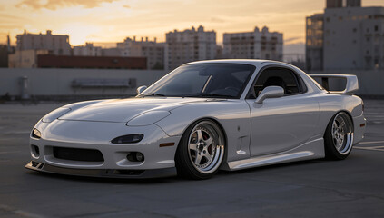 A sleek white sports car with a wide body kit and low stance, parked on a rooftop at sunset, blending elegance with raw performance