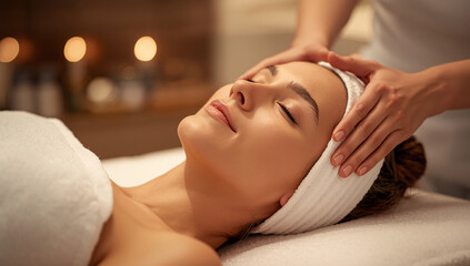 Relaxing spa scene with a woman receiving a gentle head massage, eyes closed, wrapped in a towel, with warm candlelight in the background