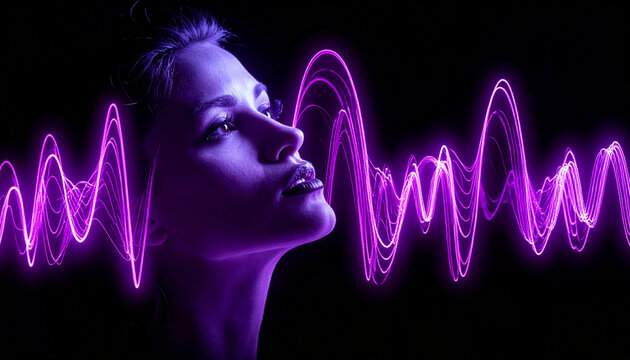 Woman with glowing purple ai+voice waves and cloning+cybersecurity concept in futuristic digital art style