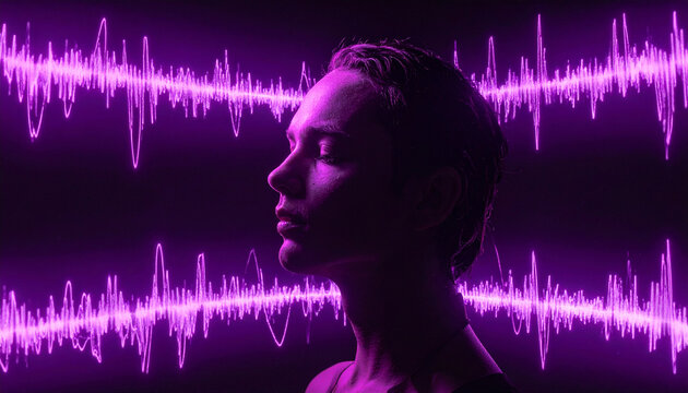 Ai voice technology and cloning cybersecurity concept with serene person and digital sound waves in vibrant purple light