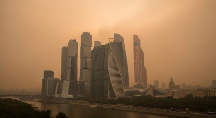 Fototapeta premium Modern City Skyline at Sunrise Hazy Atmosphere.