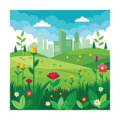 Naklejka premium Green Meadow with Flowers and City in Distance