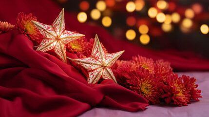 Golden star lanterns glowing against red silk, with scattered chrysanthemum petals for a festive touch.