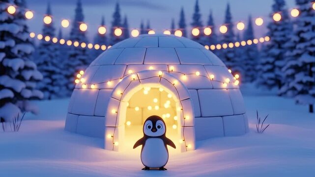 Cute penguin igloo winter holiday celebration