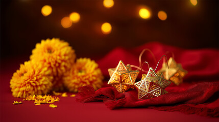Golden star lanterns glowing against red silk, with scattered chrysanthemum petals for a festive touch.