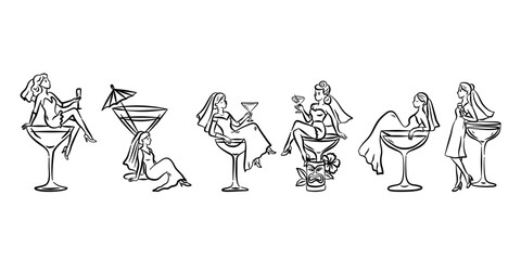 Whimsical hand drawn woman in martini glass. A woman elegantly lounging inside a martini glass, embodying fun and joy. Cocktail girl in Martini glass celebration illustration.