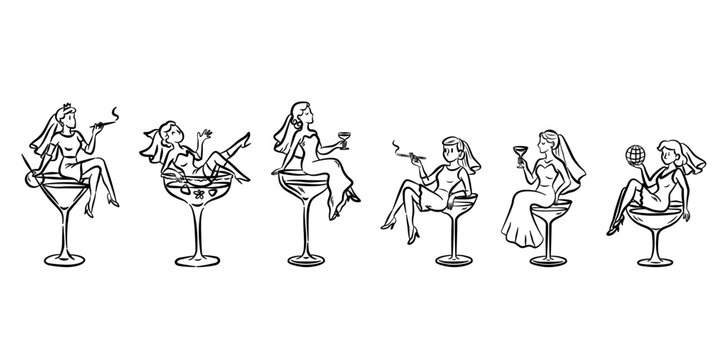 Whimsical hand drawn woman in martini glass. A woman elegantly lounging inside a martini glass, embodying fun and joy. Cocktail girl in Martini glass celebration illustration.