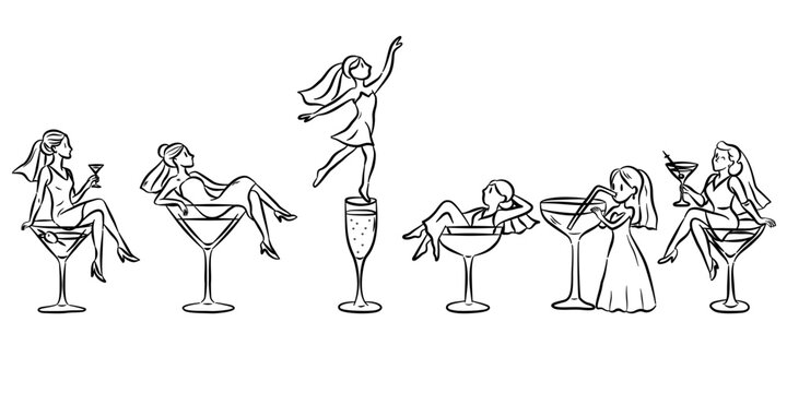 Whimsical hand drawn woman in martini glass. A woman elegantly lounging inside a martini glass, embodying fun and joy. Cocktail girl in Martini glass celebration illustration.