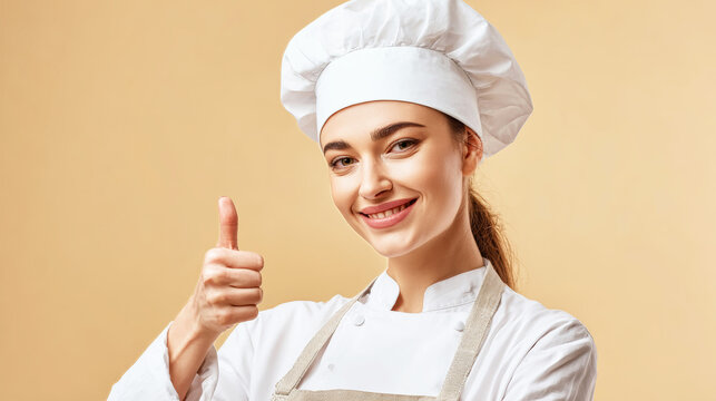 Cheerful female chef gives thumbs up in a stylish kitchen setting showcasing culinary expertise