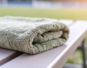 Folded Green Towel on Bench Outdoor.