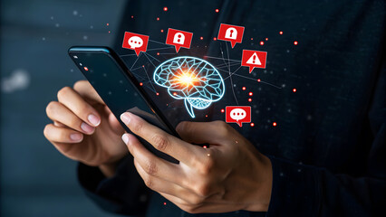 A person using a smartphone with brain and alert icons, highlighting the potential for digital overload and the need for mental health awareness