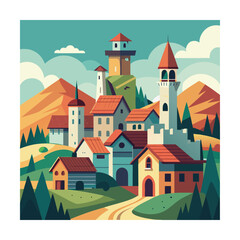 Village Houses And Tall Towers Landscape Vector