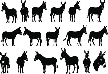 Donkey silhouette vector set, farm animal illustration, mule clipart collection, black donkey icons, rural livestock graphic, equine shape design