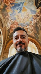 Naklejka premium Selfie of a barber with a goatee, wearing a black cape, looking at the camera and smiling after a haircut