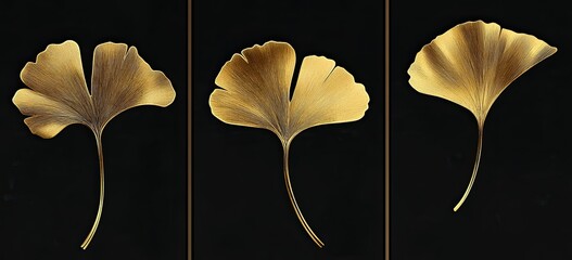 Set of three vector illustrations with golden ginkgo leaves on a black background
