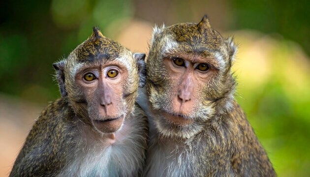 Two monkeys close together, faces forward