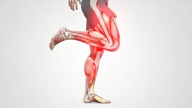Anatomical visualization of leg muscles and tendons with highlighted inflammation and injury for medical education and health awareness