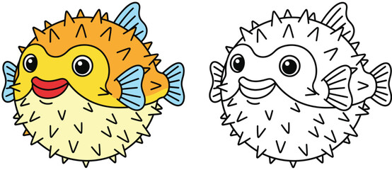 Cute Cartoon Pufferfish Illustration with Color and Black Outline Version for Kids Coloring Book, Marine Life Design, Ocean Animal Vector Art for Education and Fun