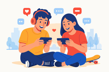 Vector illustration of young couple sitting and using smartphones together, chatting and playing online.
