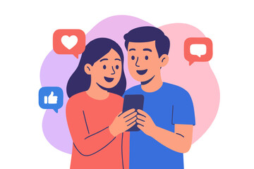 Young couple holding smartphone with hearts and likes floating around.