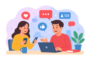 Man and woman smiling while working on laptop with social media notifications.
