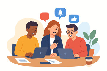 Group of colleagues working together on laptops with social media icons.