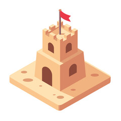 Isometric Sandcastle Illustration with Red Flag on Top, Summer Vacation and Beach Fun