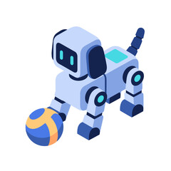Isometric Robot Dog Playing with a Ball, Modern Technology Pet Companion Illustration