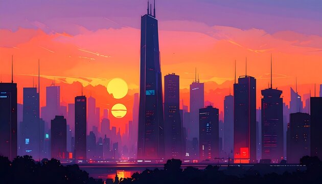 Futuristic city skyline at sunset. Vibrant colors, silhouette buildings