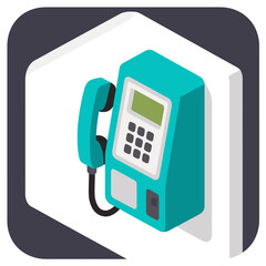 Isometric Illustration of a Blue Public Payphone Booth Mounted on a White Wall