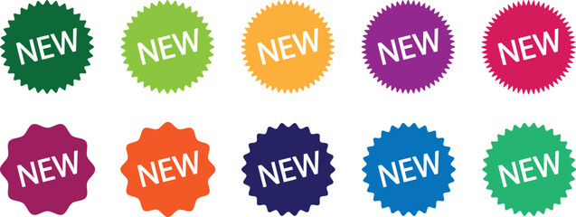 New arrival sticker set, promo tag icons, discount label pack. Starburst price badge, glossy sale symbols, wavy edge red promo tags, flat style vector collection.