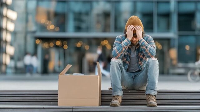 Outside, a man with a box, unemployed, stressed out by a crisis, fired, and angry.  Retrenchment and unemployment
