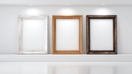 Three Blank Picture Frames on a White Wall for Mockup Display or Gallery Presentation