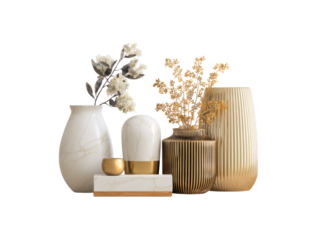 Marble vase white flowers gold striped vase gold flowers decorative image, Isolated On Png Transparent Background