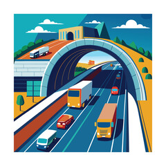 Highway Tunnel with Buses and Trucks Illustration